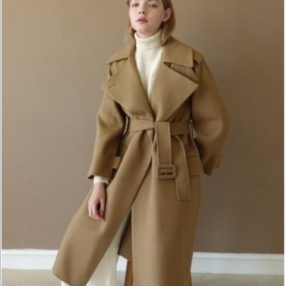 LE Handmade Wool Oversized Trench Coat - Beige